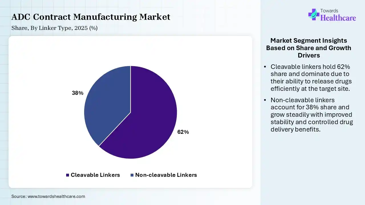 ADC Contract Manufacturing Market Share, By Linker Type, 2025 (%) ADC Contract Manufacturing Market By Linker Type, (Cleavable Linkers) Segment Dominates by 62% in 2025.