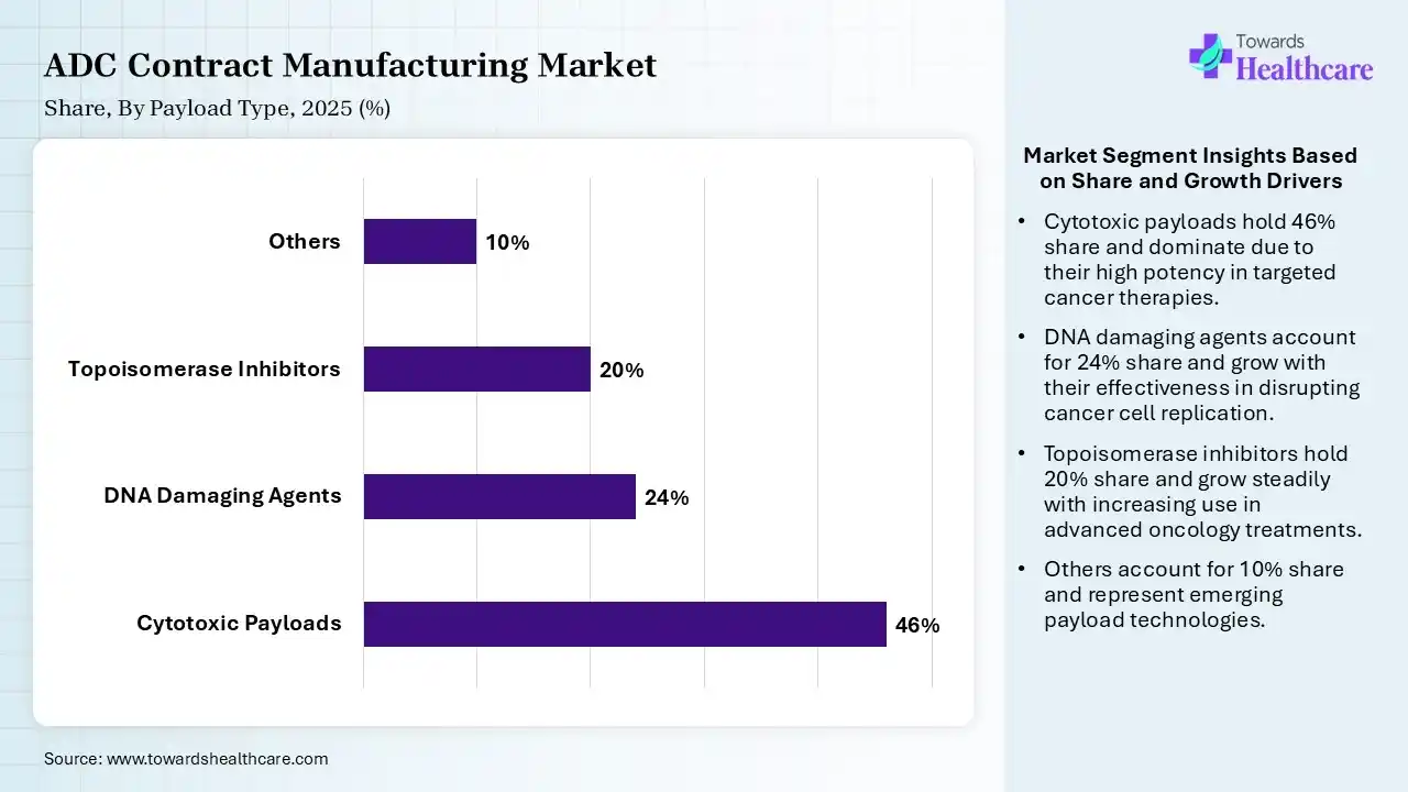 ADC Contract Manufacturing Market Share, By Payload Type, 2025 (%) ADC Contract Manufacturing Market By Payload Type, (Cytotoxic Payloads) Segment Dominates by 46% in 2025.