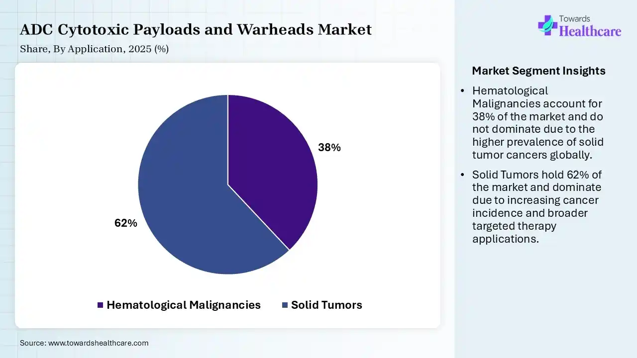 ADC Cytotoxic Payloads and Warheads Market Share, By Application, 2025 (%) ADC Cytotoxic Payloads and Warheads Market By Application, (Hematological Malignancies) Segment Dominates by 38% in 2025.