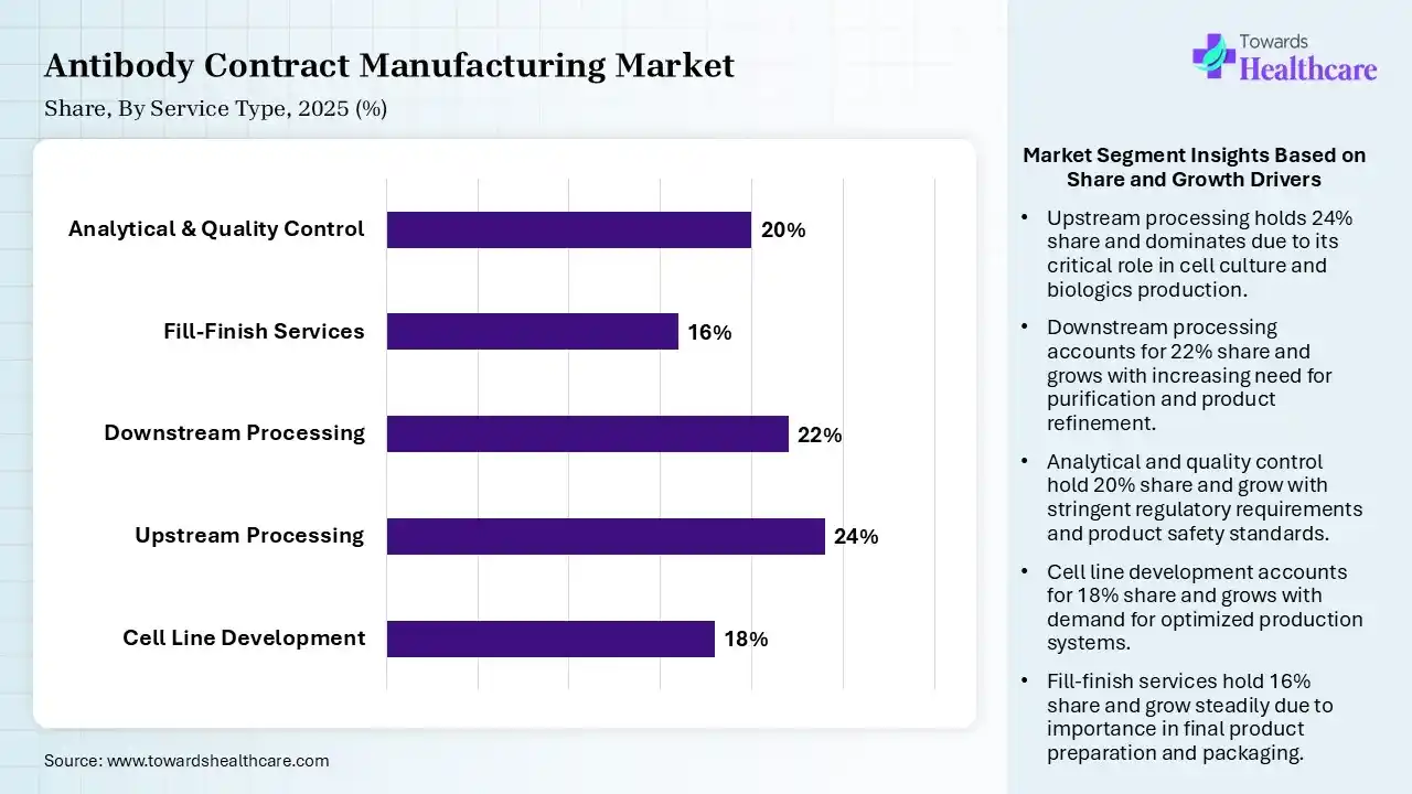 Antibody Contract Manufacturing Market Share, By Service Type, 2025 (%) Antibody Contract Manufacturing Market By Service Type, (Cell Line Development) Segment Dominates by 18% in 2025.