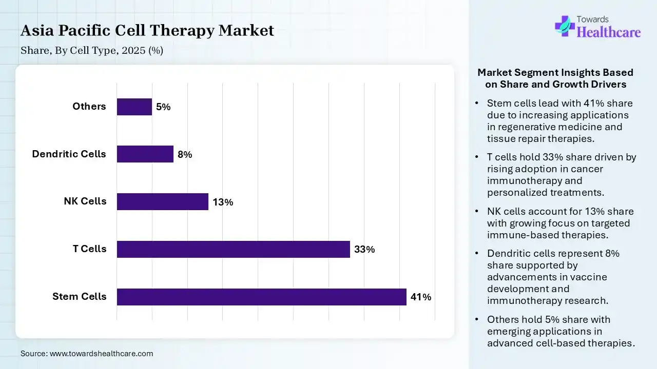 Asia Pacific Cell Therapy Market Share, By Cell Type, 2025 (%) Asia Pacific Cell Therapy Market By Cell Type, (Stem Cells) Segment Dominates by 41% in 2025.