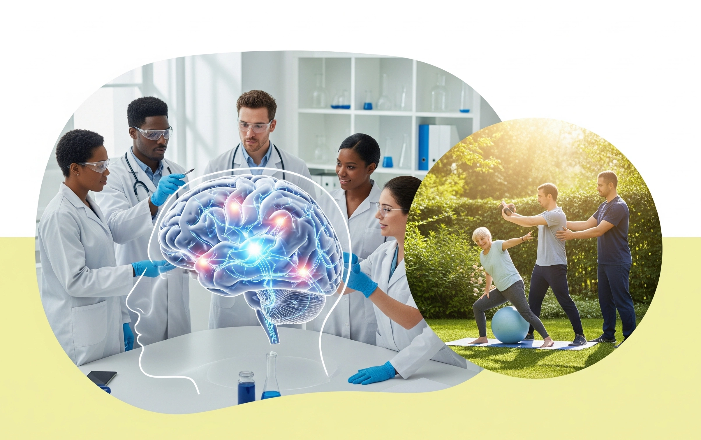 A human brain split between pills and therapy icons, highlighting a holistic Alzheimer&rsquo;s treatment approach
