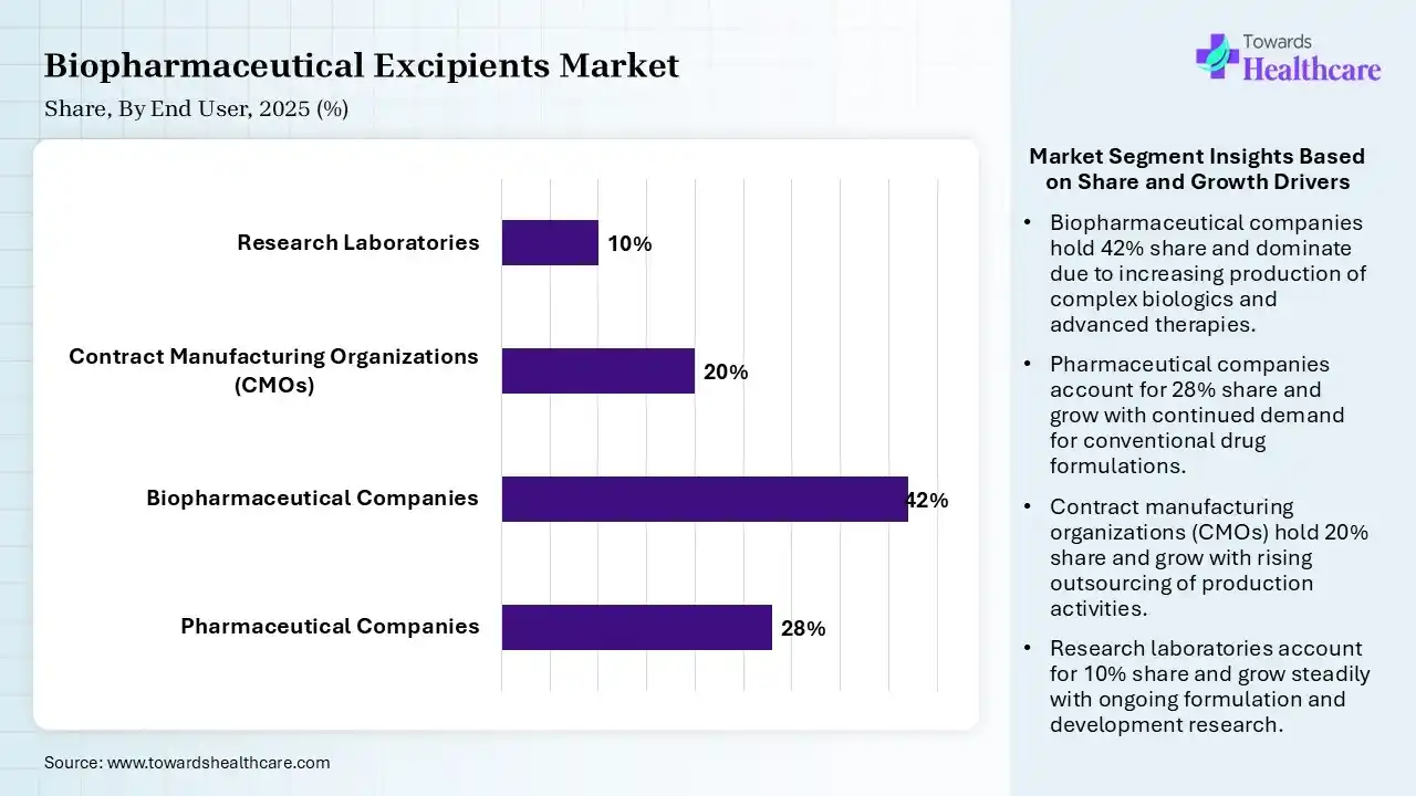 Biopharmaceutical Excipients Market By End User, (Pharmaceutical Companies) Segment Dominates by 28% in 2025.