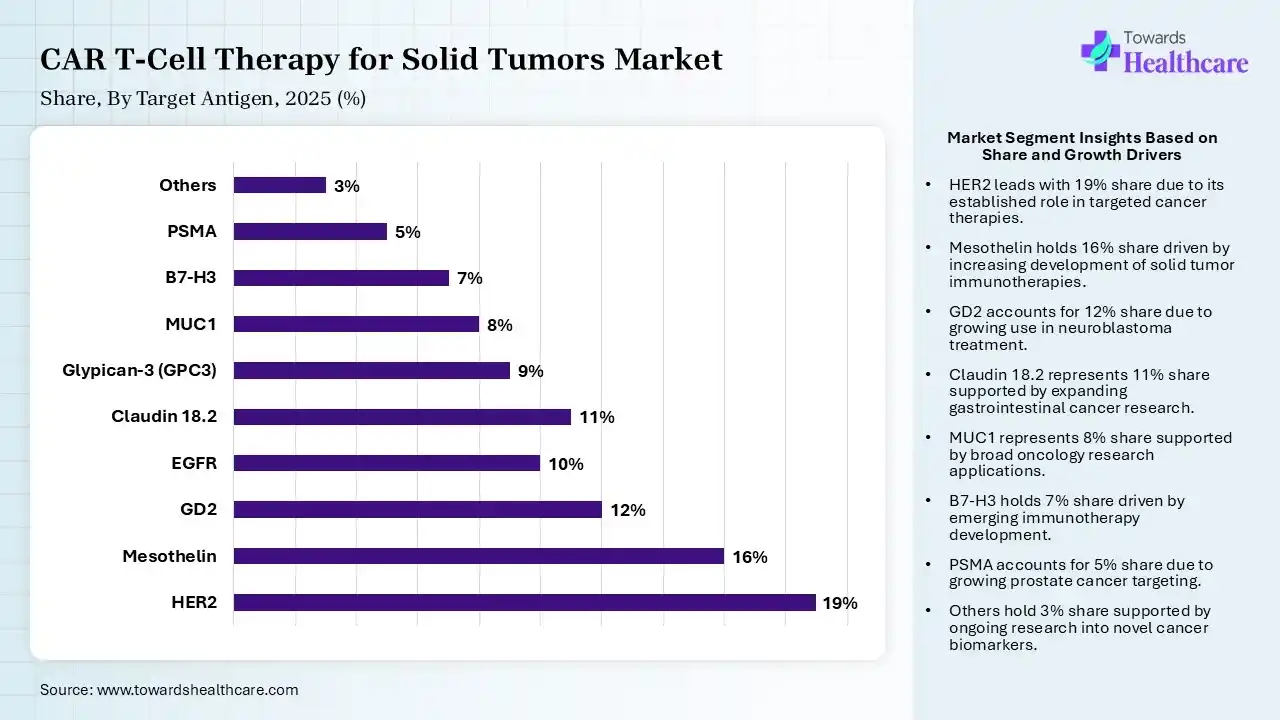 CAR T-Cell Therapy for Solid Tumors Market Share, By Target Antigen, 2025 (%) CAR T-Cell Therapy for Solid Tumors Market By Target Antigen, (HER2) Segment Dominates by 19% in 2025.