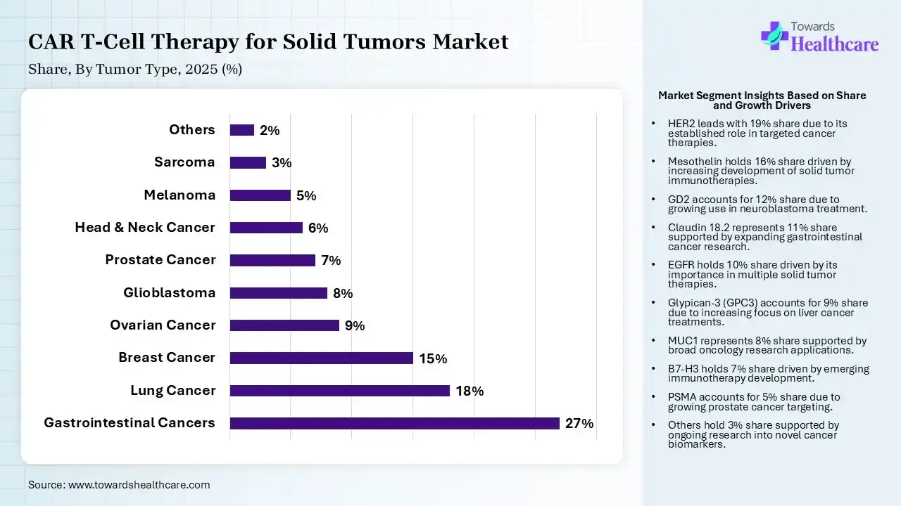 CAR T-Cell Therapy for Solid Tumors Market Share, By Tumor Type, 2025 (%) CAR T-Cell Therapy for Solid Tumors Market By Tumor Type, (Gastrointestinal Cancers) Segment Dominates by 27% in 2025