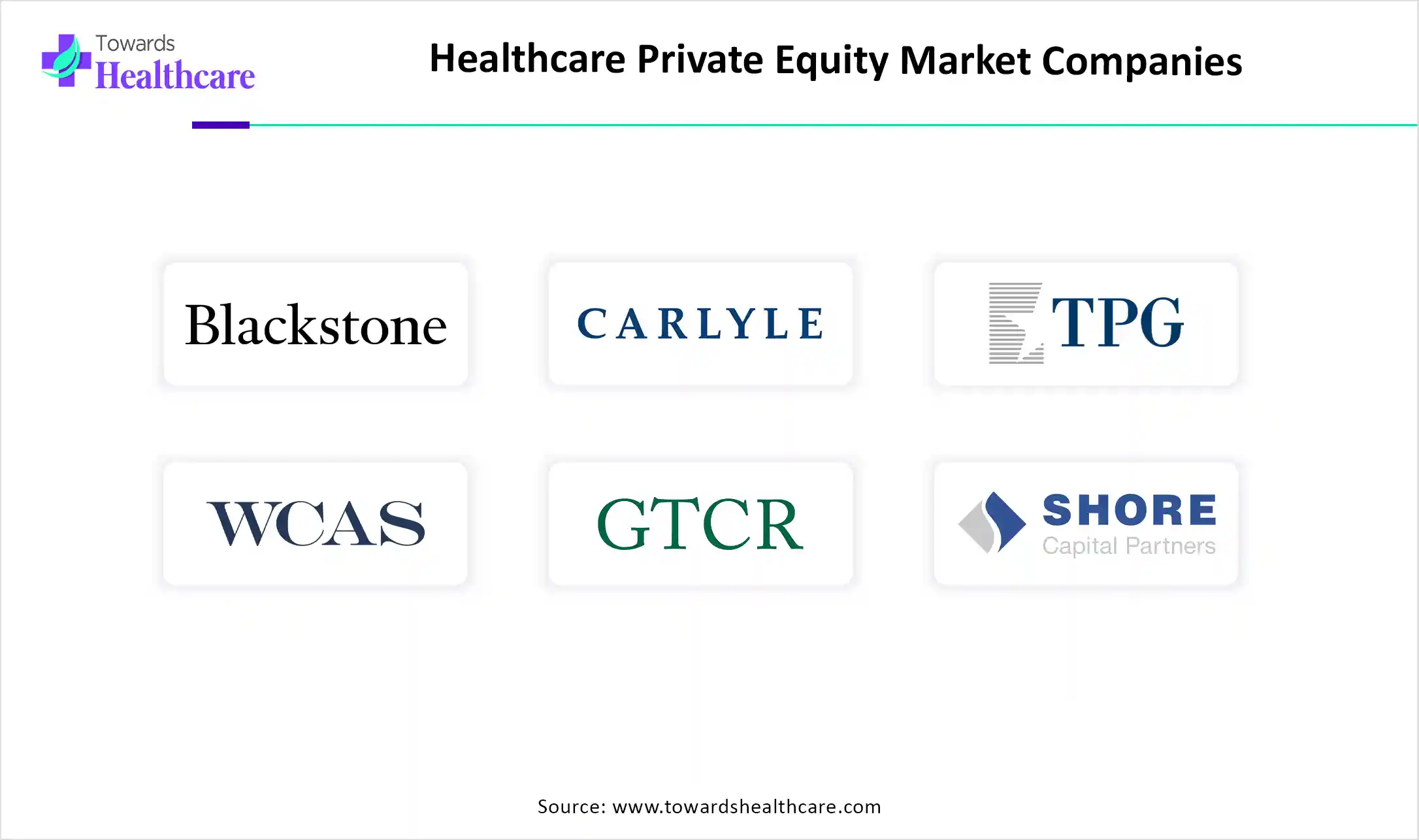 Healthcare Private Equity Market Top Companies Healthcare Private Equity Market Companies are Blackstone, KKR, Carlyle Group, TPG, Welsh Carson Anderson & Stowe, GTCR, Shore Capital Partners