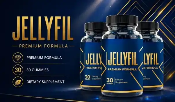 JellyFil men's gummy supplement bottle with ingredients, pricing, refund policy, and consumer review