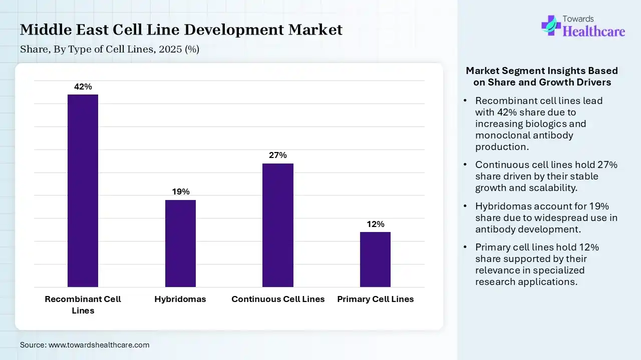 Middle East Cell Line Development Market Share, By Type of Cell Lines 2025 (%) Middle East Cell Line Development Market By Type of Cell Lines, (Recombinant Cell Lines) Segment Dominates by 42% in 2025.