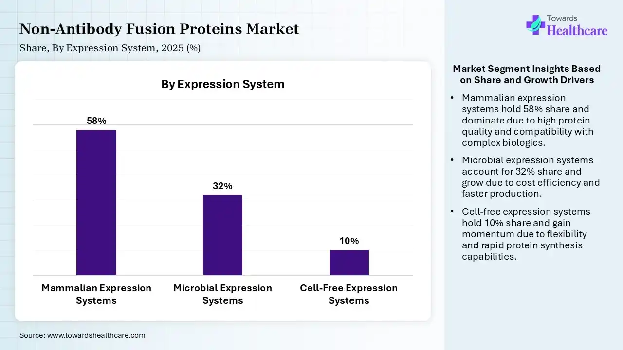 Non-Antibody Fusion Proteins Market Share, By Expression System, 2025 (%) Non-Antibody Fusion Proteins Market By Expression System, (Mammalian Expression Systems) Segment Dominates by 58% in 2025.