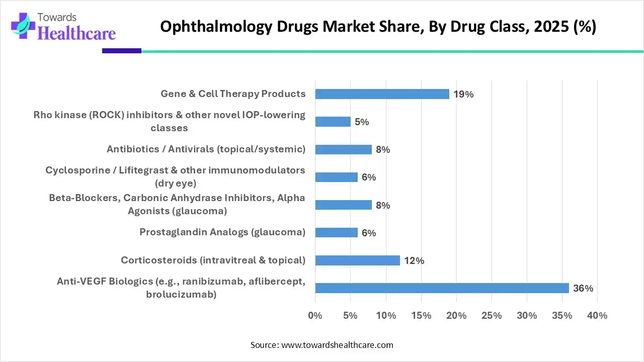 Ophthalmology Drugs Market, By Drug Class, (Anti-VEGF Biologics (e.g., ranibizumab, aflibercept, brolucizumab)) Segment Dominates by 36% in 2025.