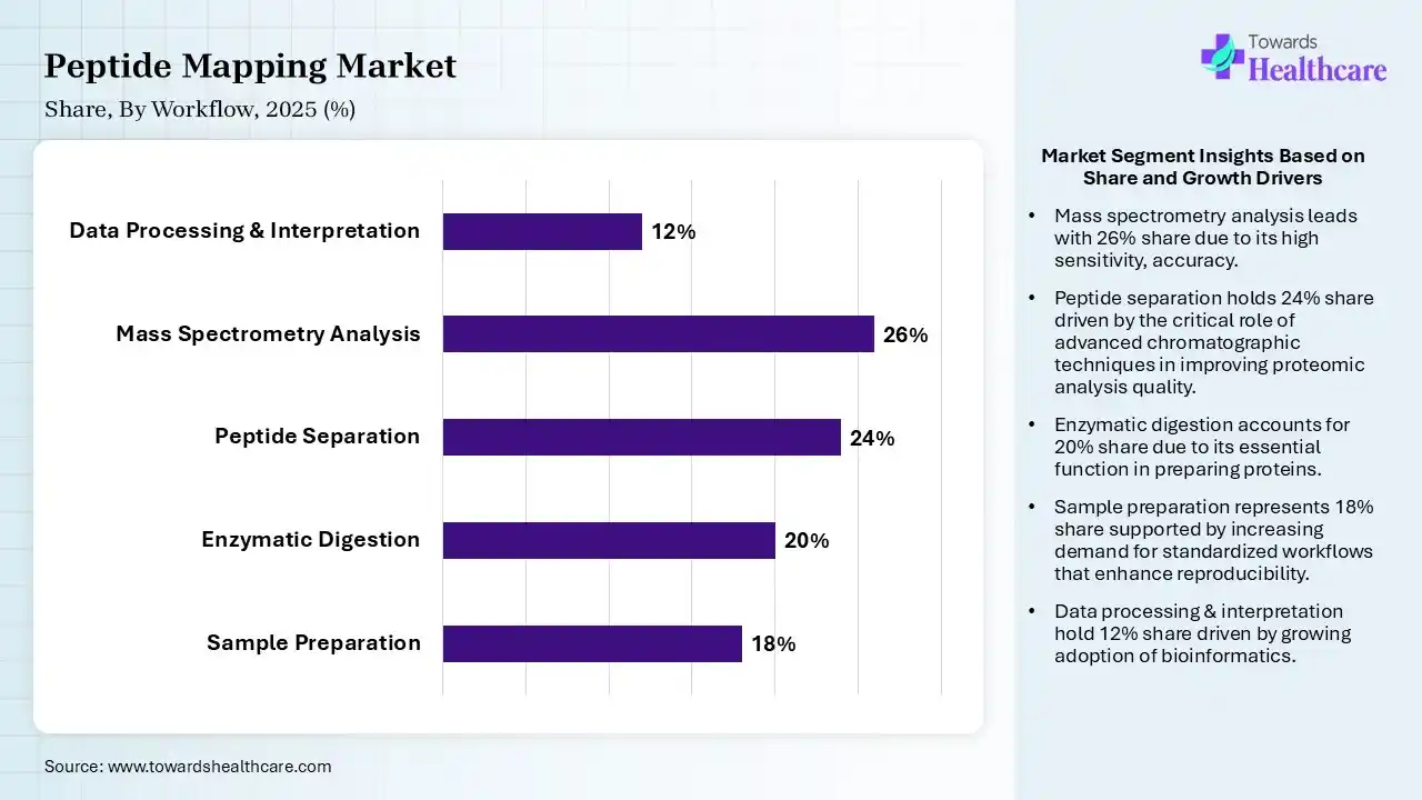 Peptide Mapping Market Share, By Workflow, 2025 (%) Peptide Mapping Market By Workflow, (Sample Preparation) Segment Dominates by 18% in 2025.