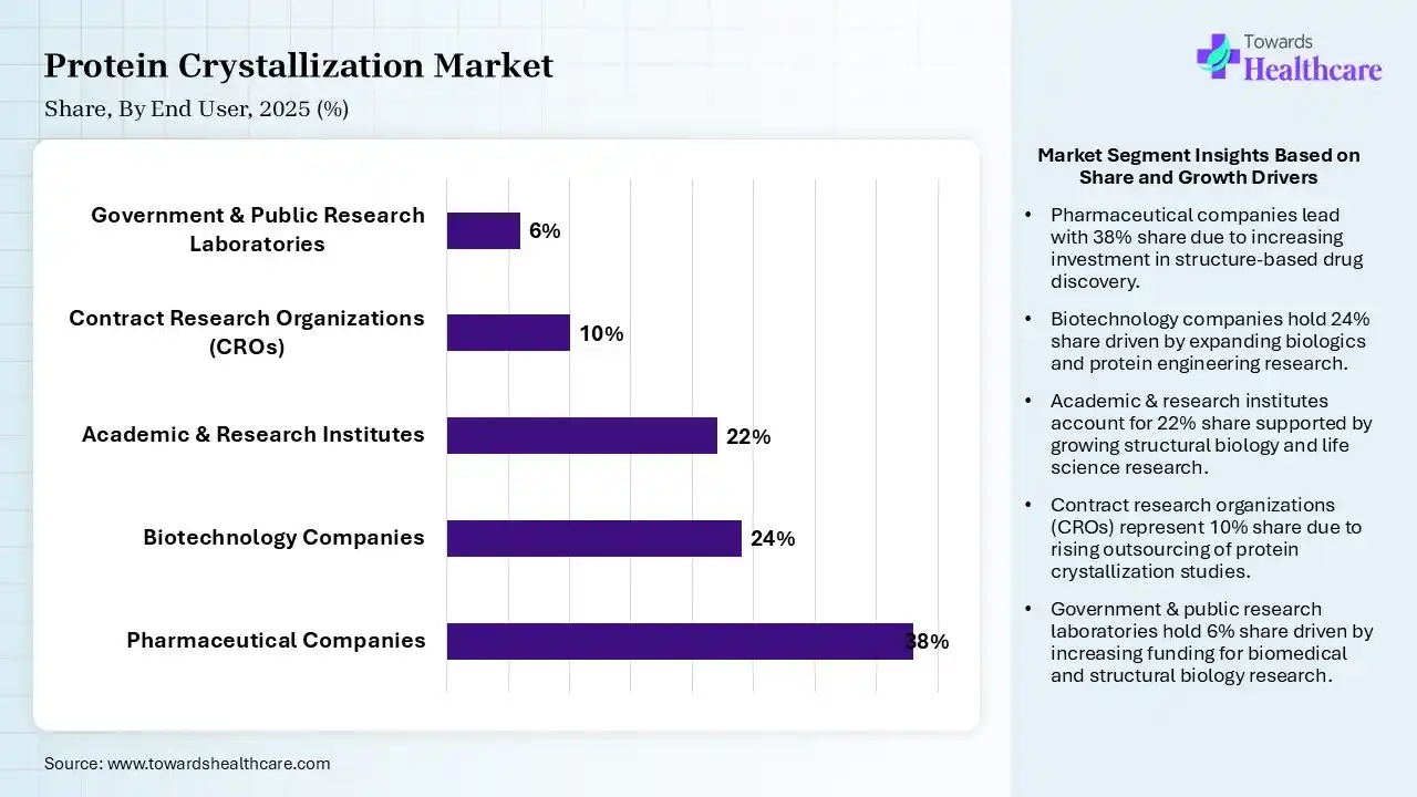 Protein Crystallization Market Share, By End User, 2025 (%) Protein Crystallization Market By End User, (Pharmaceutical Companies) Segment Dominates by 38% in 2025.