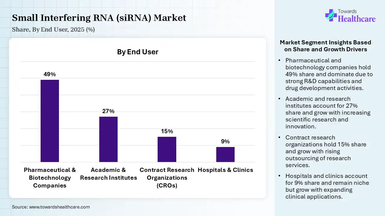 Small Interfering RNA (siRNA) Market Share, By End User, 2025 (%) Small Interfering RNA (siRNA) Market By End User, (Pharmaceutical & Biotechnology Companies) Segment Dominates by 49% in 2025.