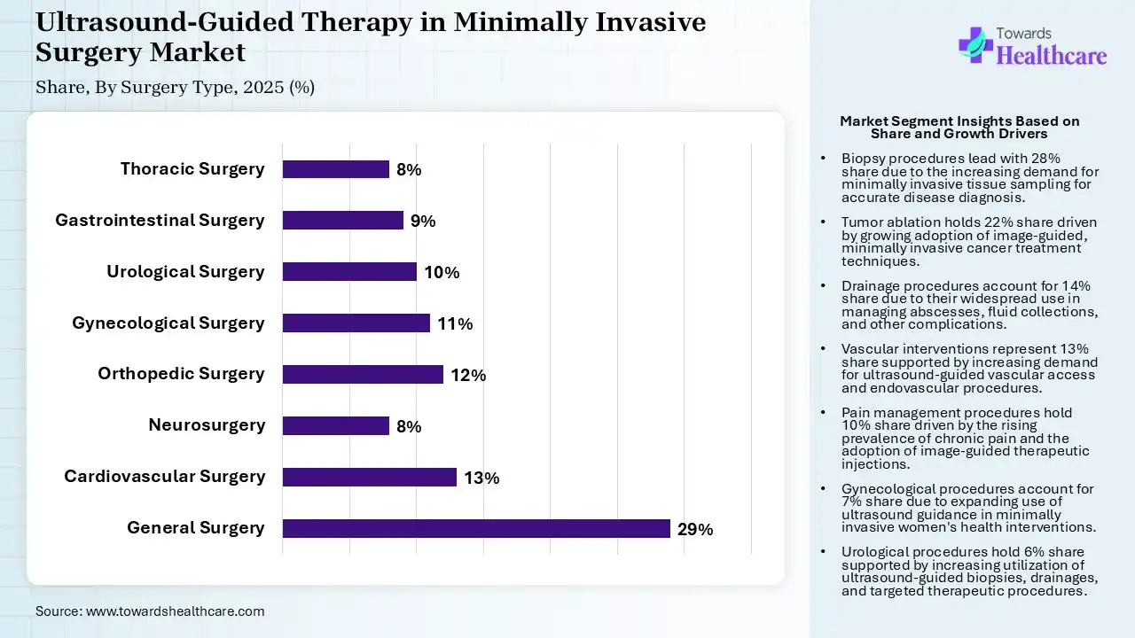 Ultrasound-Guided Therapy in Minimally Invasive Surgery Market Share, By Surgery Type, 2025 (%) Ultrasound-Guided Therapy in Minimally Invasive Surgery Market By Surgery Type, (General Surgery) Segment Dominates by 29% in 2025