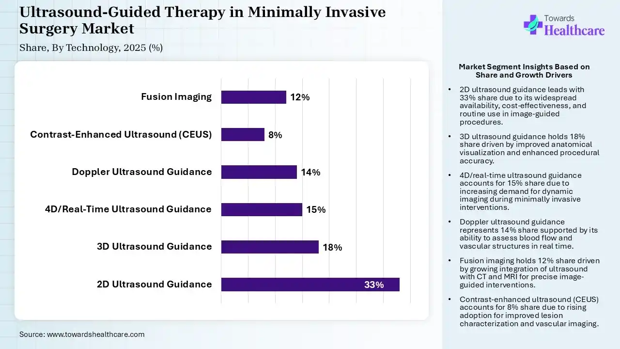 Ultrasound-Guided Therapy in Minimally Invasive Surgery Market Share, By Technology, 2025 (%) Ultrasound-Guided Therapy in Minimally Invasive Surgery Market By Technology, (2D Ultrasound Guidance) Segment Dominates by 33% in 2025