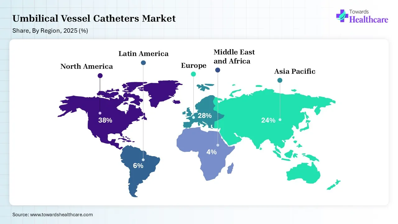 Umbilical Vessel Catheters Market Shares for North America, Europe, Asia Pacific, Latin America and Middle East and Africa, 2025 (%).