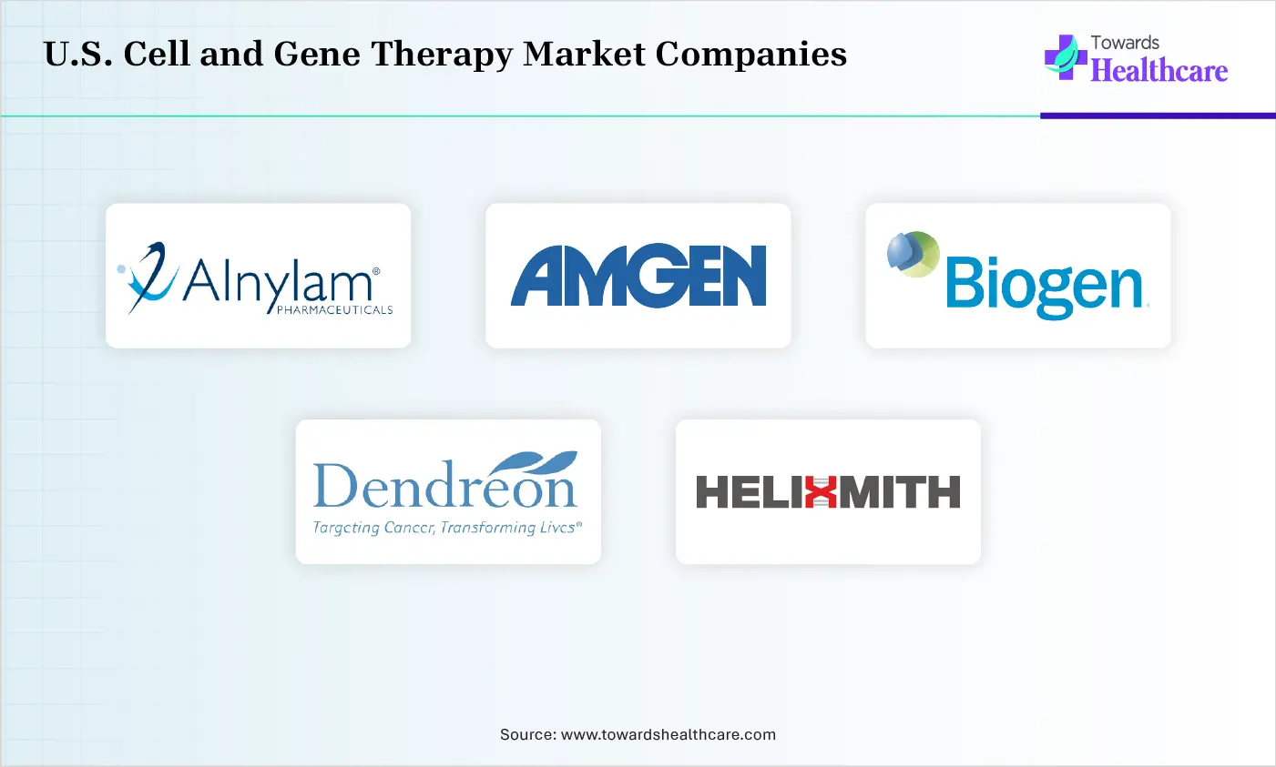 U.S. Cell and Gene Therapy Market Top Companies U.S. Cell and Gene Therapy Market Companies are Alnylam Pharmaceuticals Inc., Amgen Inc., Biogen Inc, Dendreon Pharmaceuticals LLC.