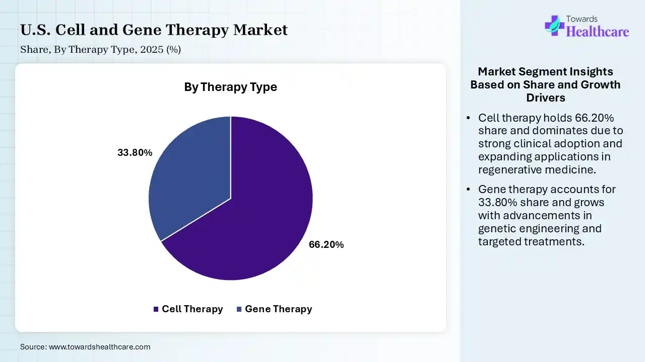 U.S. Cell and Gene Therapy Market Share, By Therapy Type, 2025 (%) U.S. Cell and Gene Therapy Market By Therapy Type, (Cell Therapy) Segment Dominates by 66.20% in 2025.