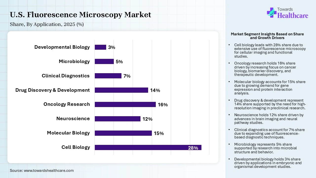 U.S. Fluorescence Microscopy Market Share, By Application, 2025 (%) U.S. Fluorescence Microscopy Market By Application, (Cell Biology) Segment Dominates by 28% in 2025.