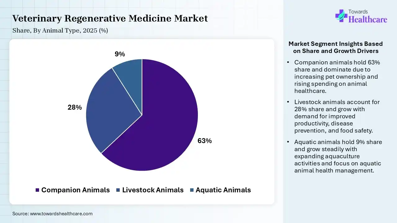 Veterinary Regenerative Medicine Market Share, By Animal Type, 2025 (%) Veterinary Regenerative Medicine Market By Animal Type, (Companion Animals) Segment Dominates by 63% in 2025.